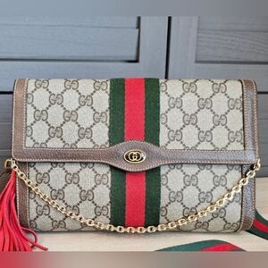 Gucci Beige and Brown Crossbody Bag with Red and Green Stripe